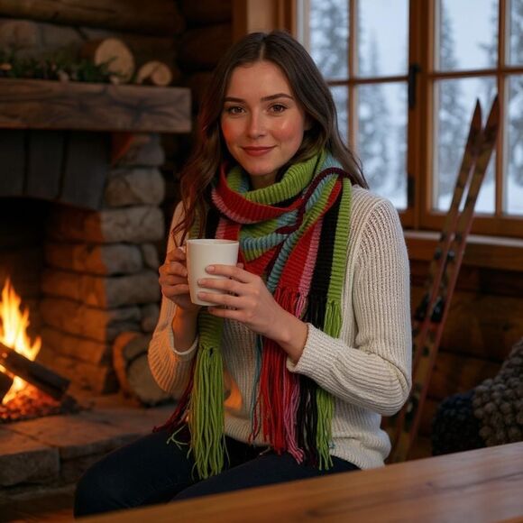 Vintage Y2K Lambswool & Angora Rainbow Striped Fringe‎ Winter Scarf Colorful - Picture 15 of 15